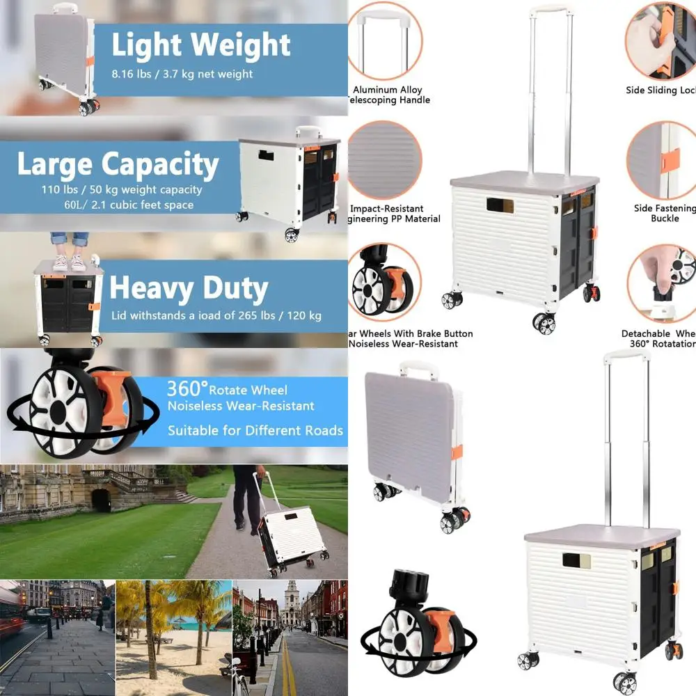

Collapsible Portable Rolling Crate Handcart with Telescoping Handle and 4 Swivel Wheels for Travel, Shopping, and Office Use (Wh