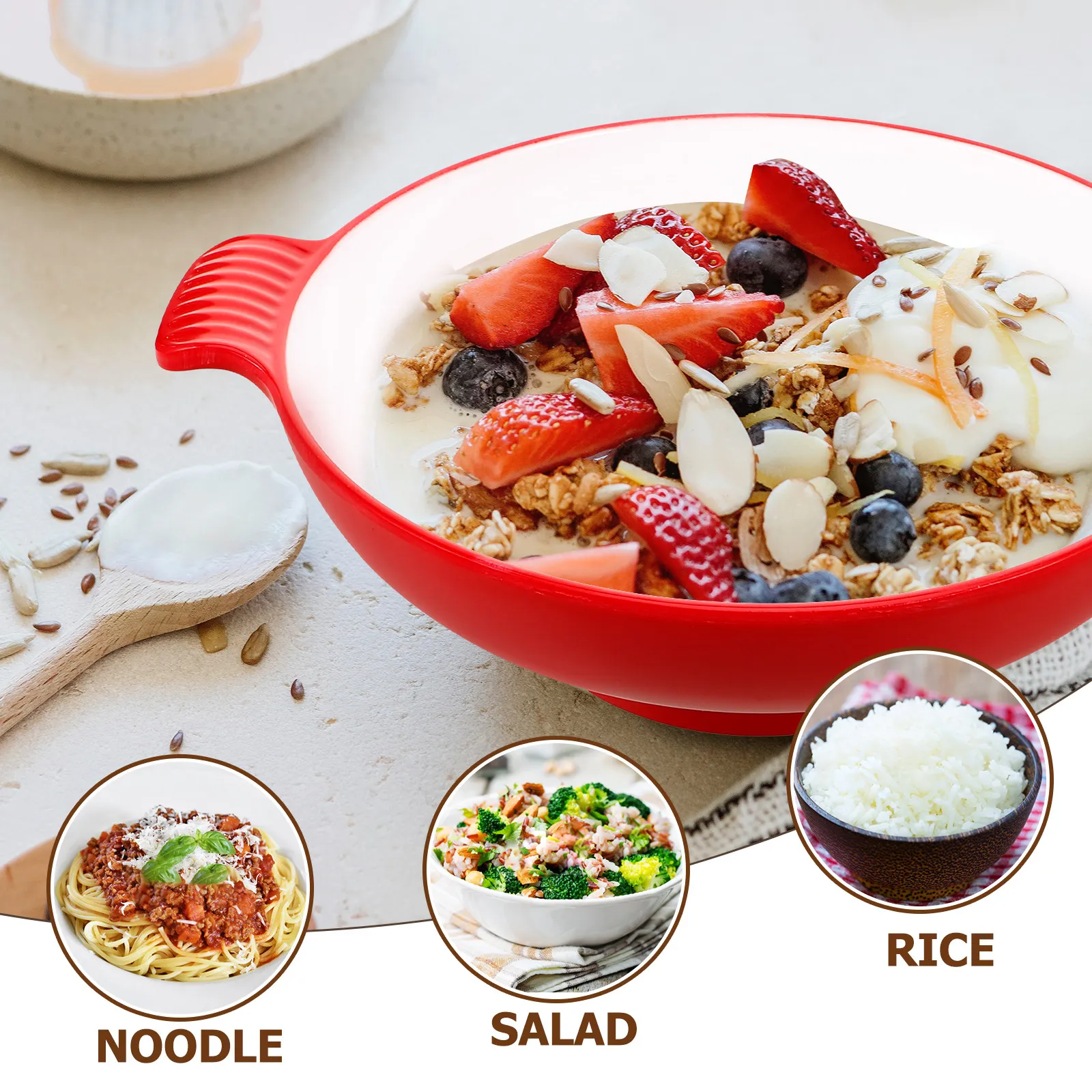 Double Ear Food Bowl Reusable Plastic Thickened Large Capacity Food Serving Bowl for Ramen Noodles Salad Snacks