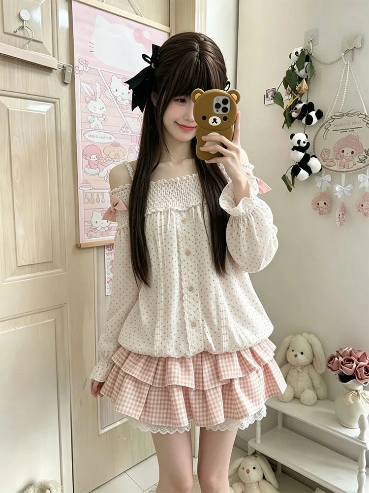 Women's Early Autumn Checkered Cake Skirt Set One Shoulder Strap Long Sleeve Dot Print Gentle Style Fashionable Two-Piece Suit