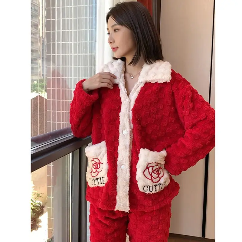 2023 Pajama Women Autumn and Winter New Coral Velvet Plus Velvet Cardigan Small Fragrant Wind Home Suit Thick Coat