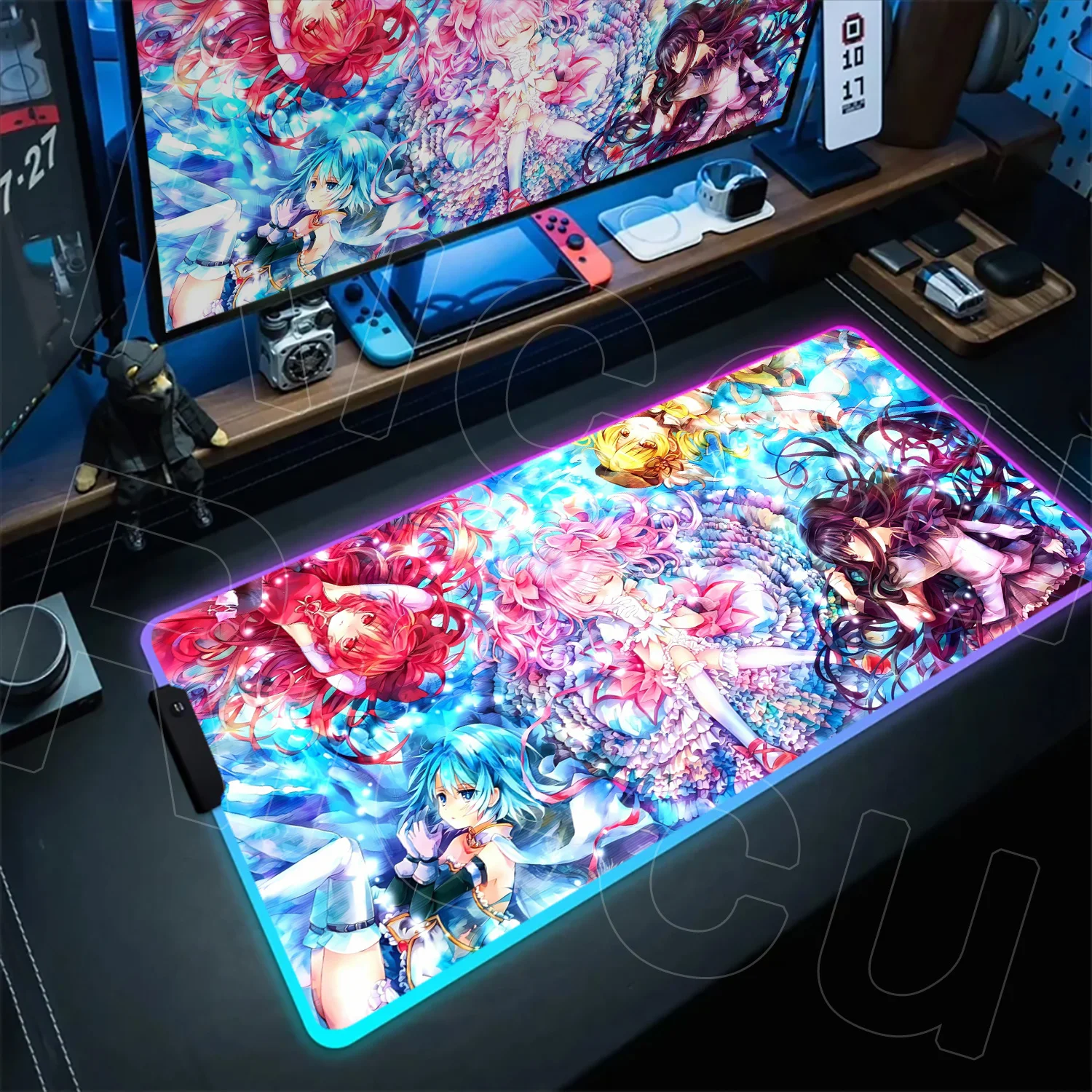 

Kawaii Puella Magi M-Madoka Magica MousePad PC Accessories LED Table Mat Backlit XXL RGB Anime Keyboard Rug Aesthetic Decoration