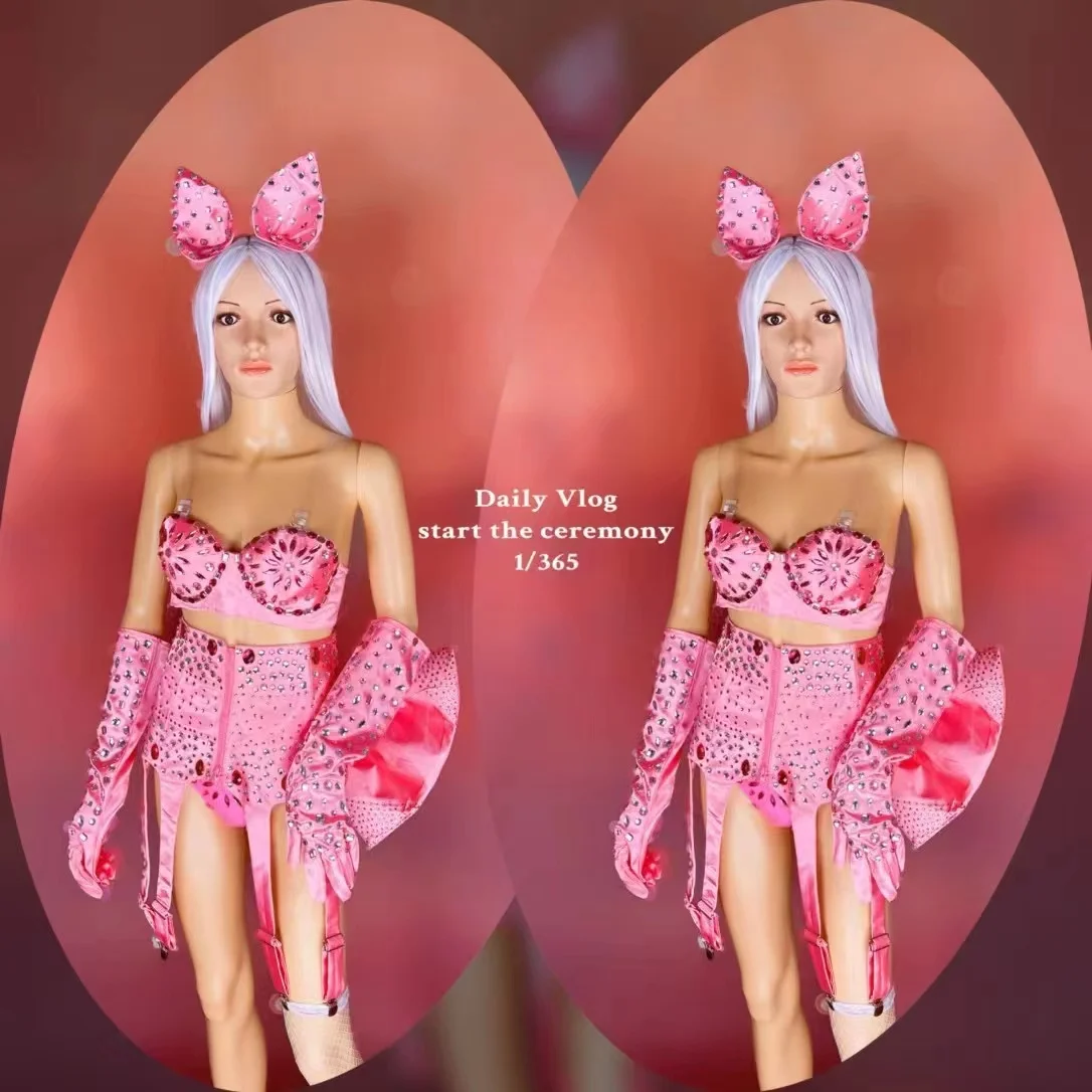 Sexy Pink Rhinestone Bikini Suit Pole Dance Costume Party Carnival Rave Outfit Nightclub Dancewear Drag Queen Costume VDB6406