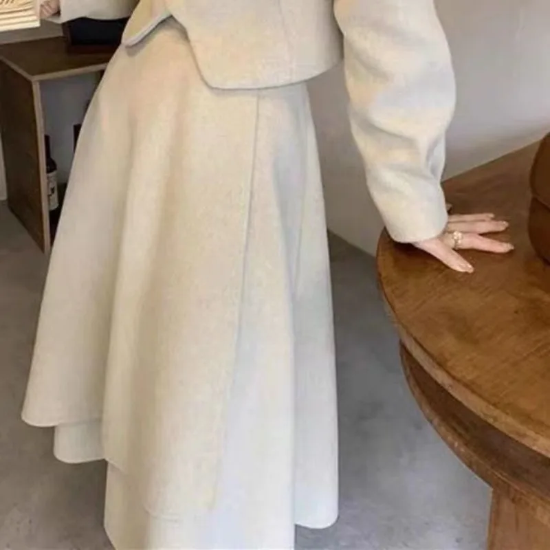 Temperament Fashion Woolen Coat Irregular Skirt Two-piece Set Lady O-neck Single Breasted Sweet Celebrity Solid Slim Winter Suit