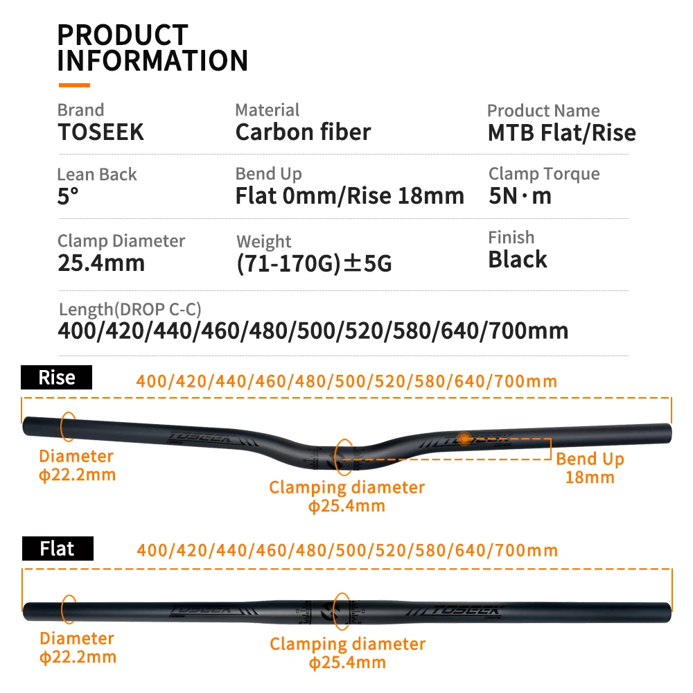 TOSEEK Black Matte Carbon Bicycle Handlebar 25.4mm For Folding MTB BMX Kids' Bikes Handle Bar Rise/Flat Handlebars 480mm-700mm