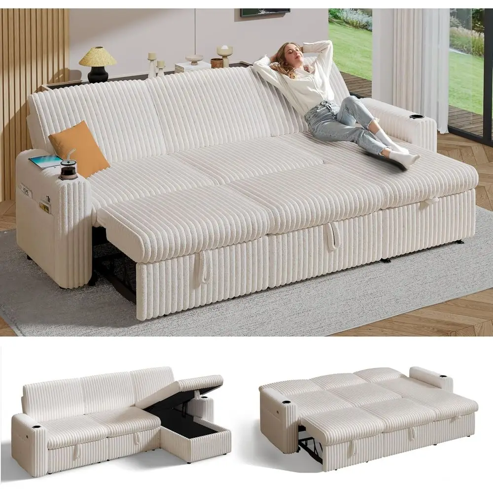 

101 Plush Corduroy L-Shaped Sectional Sofa Bed with Pull-Out Bed, Reclining Backrest, Reversible Storage Chaise, USB Ports, Cup
