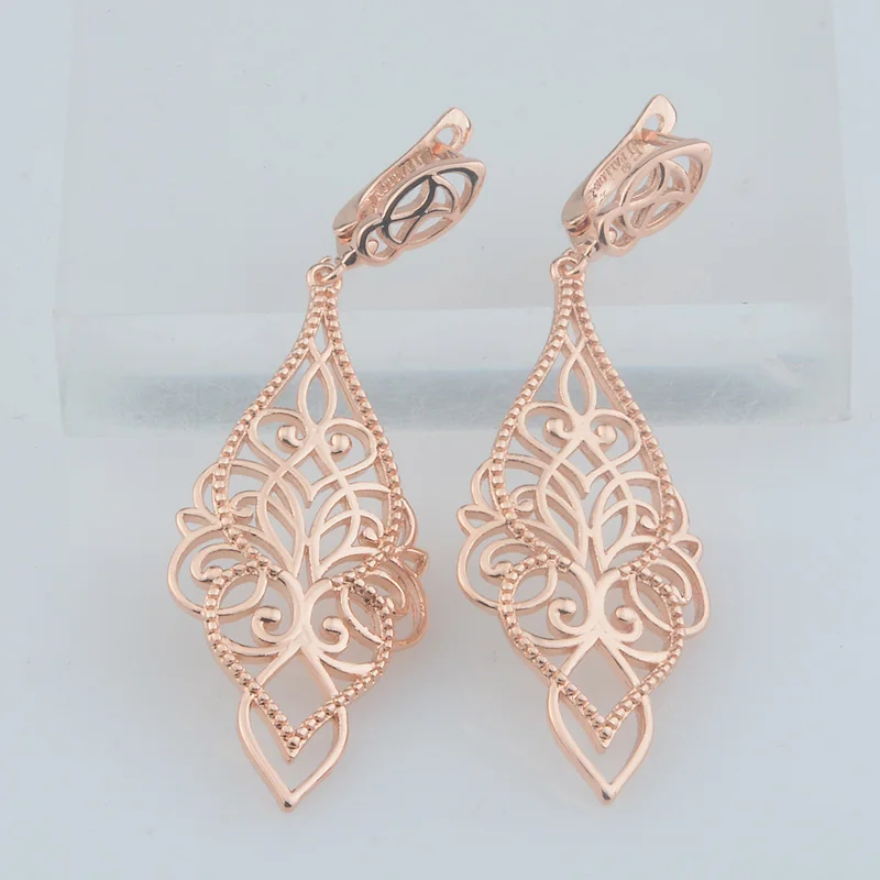 FJ Women Big Long 585 Rose Gold Color Weaving Flowers Earrings Jewelry