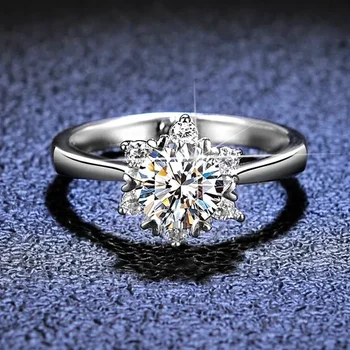 Luxury 18K White Gold Ring Women Chic Sunflower Inlay VVS 1CT D Color Moissanite Diamond Ring Bridal Wedding Band Fine Jewelry