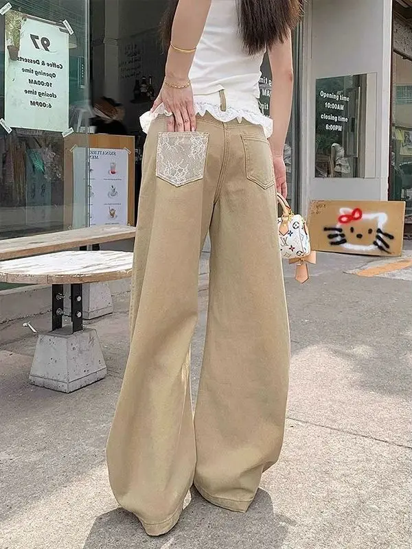 

Корейские джинсы цвета хаки с изогнутыми ножками для девочек, повседневные прямые брюки с кружевным дизайном, джинсовая повседневная одежда с высокой талией