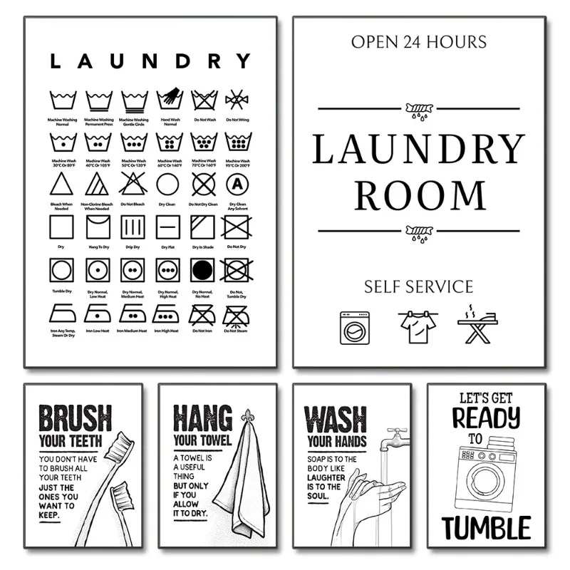 Laundry Room Toilet Sign Laundry Care Symbol Washing Posters and Prints Canvas Printing Wall Art Picture for Bathroom Home Decor