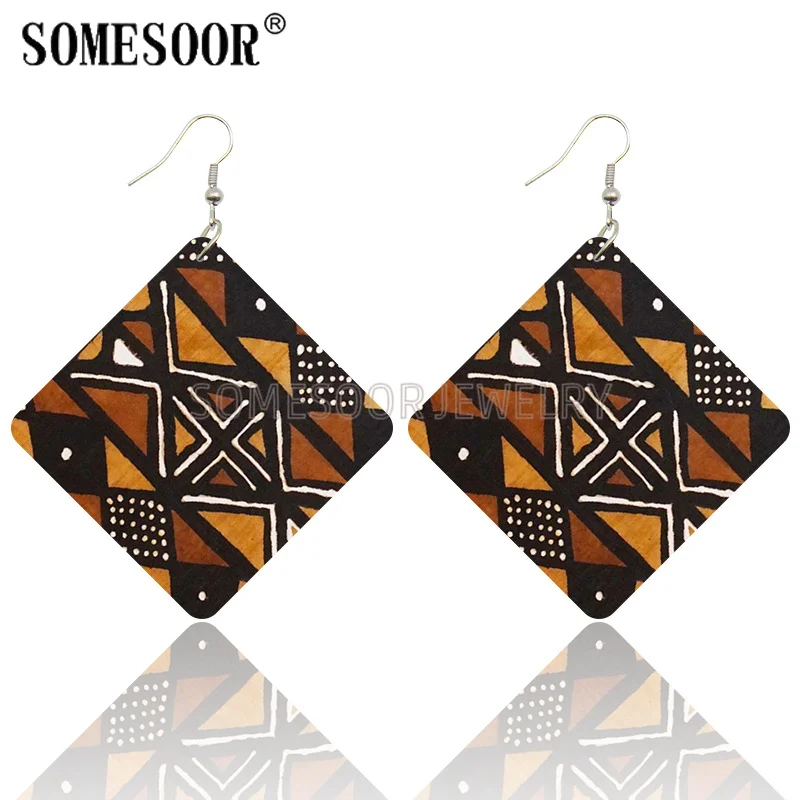 SOMESOOR Geometric African Fabric Style orecchini pendenti in legno bohémien ciondolo quadrato etnico Afro ciondola i gioielli per i regali delle