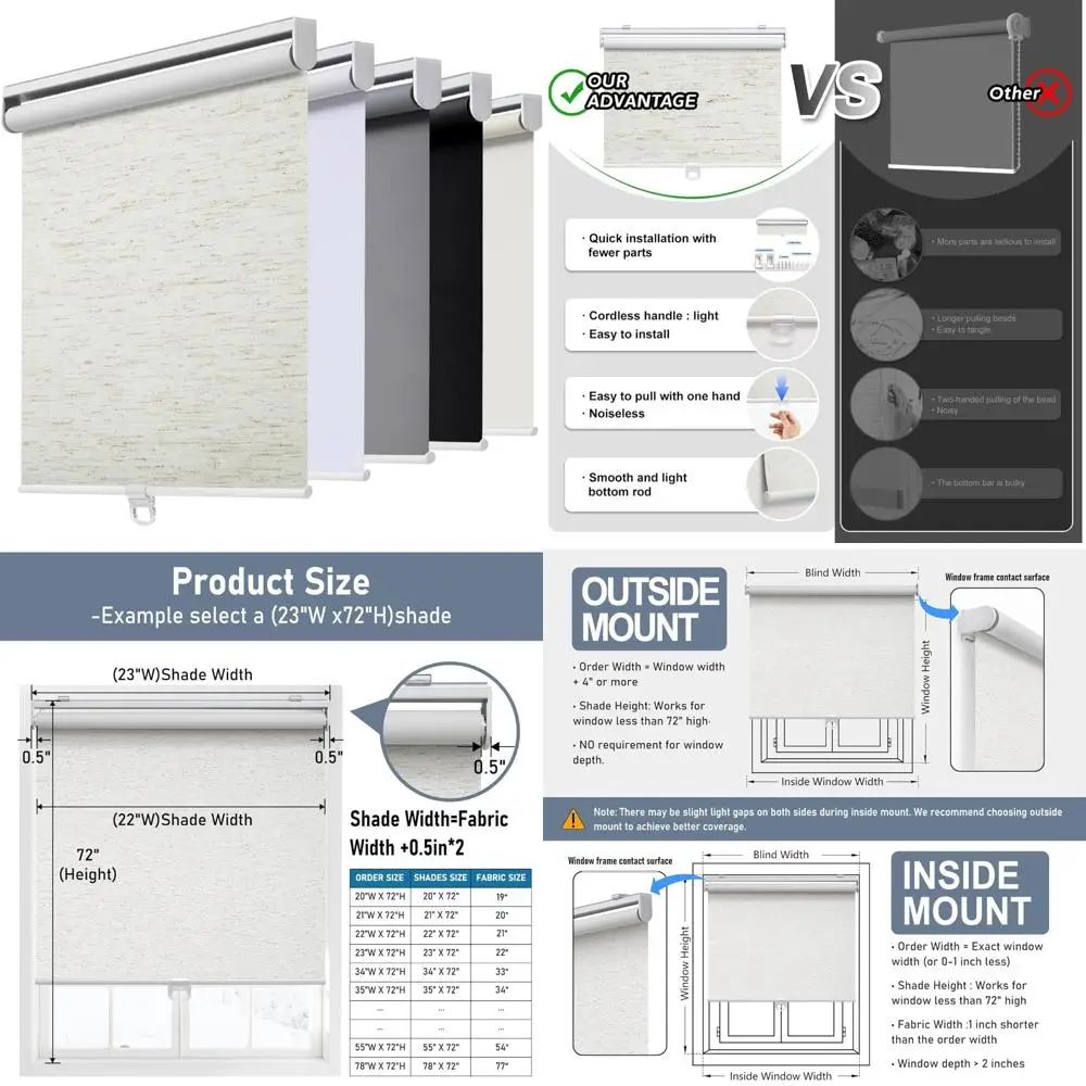 

Blackout Cordless Roller Shades for Windows - Room Darkening, UV Protection, Natural Linen, Easy Spring System