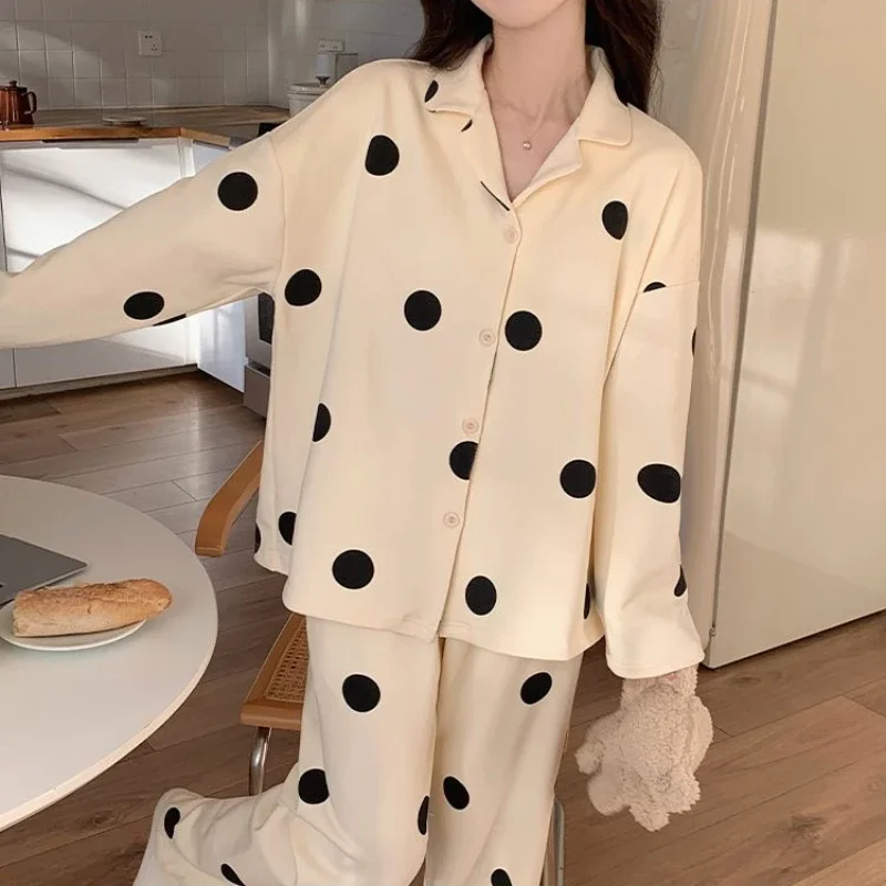 With Chest Pads Cotton Pajamas Set Female Spring and Fall New Long-sleeved Set of Sleepwear Loose Cute Polka Dot Print Homewear