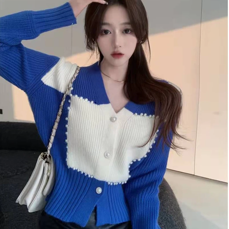 

Women Spring Autumn Sweaters V-neck High Street Knitted Cropped Cardigans Fashion Long Sleeve Casual Slim Tops Korean Style New