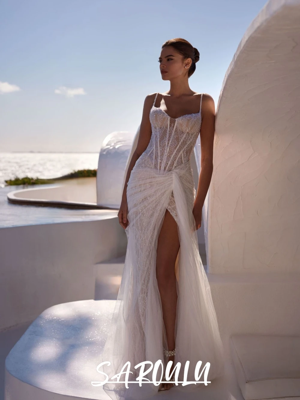 

Stunning Corset Bodice Lace Wedding Dress Dreamy Thin Straps Dazzling Tulle Mermaid Customized Bridal Gown With Split