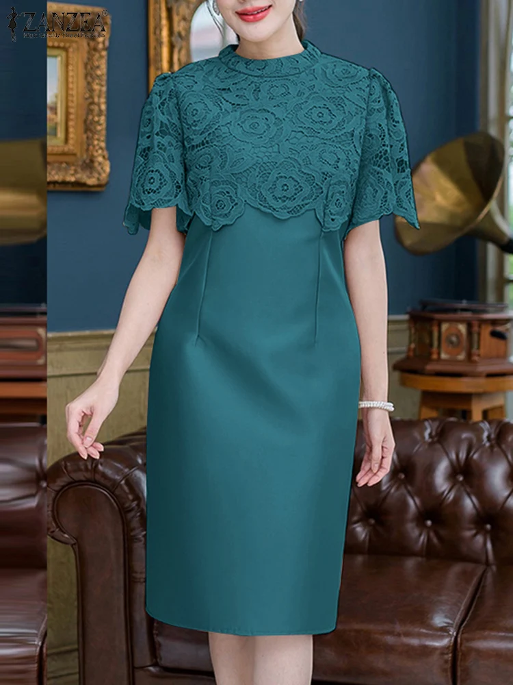 ZANZEA Fashion Summer Patchwork Dresses Women Elegant Party Dress Short Sleeve Work OL Sundress Solid Satin Midi Robe Vestidos