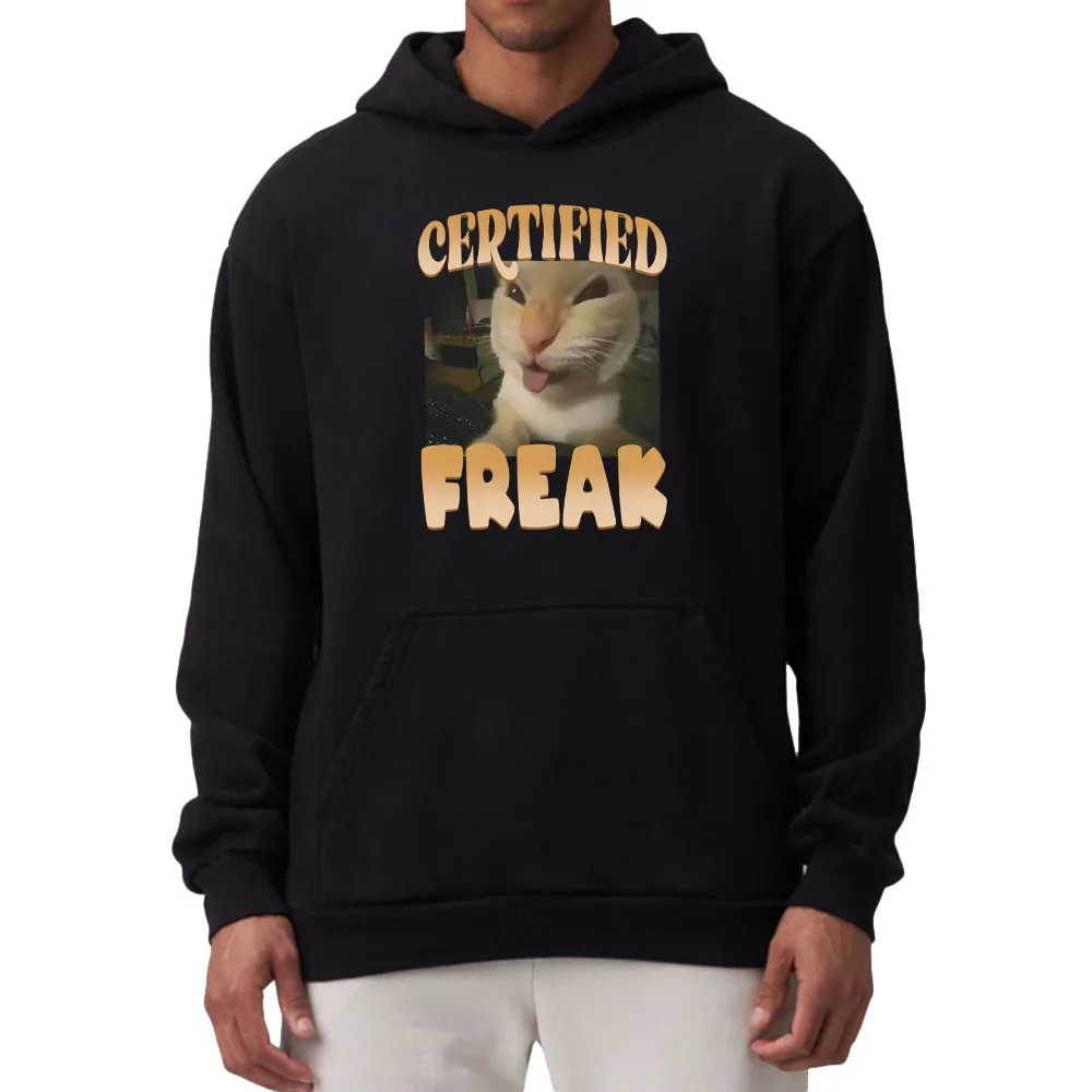 

Meme CAT Cartoon Printing Hoodies Certified Freak Letter Graphic Sweatshirt Men Clothing Ropa Hombre Sudaderas Long Sleeve Hoody