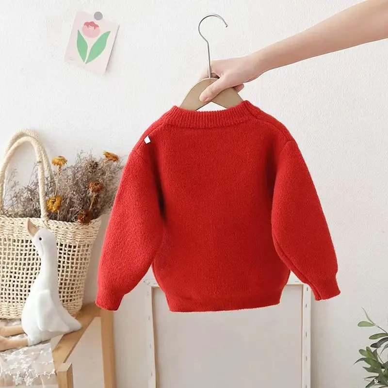 Autumn Baby Clothes Girls Sweater Thickened Winter New Style Christmas Children Red Knitted New Year Bear Top Christmas Costumes