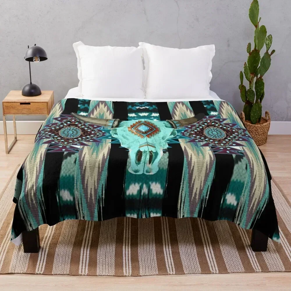 

Tribal Design With Cow Scull - Turquois, Blue And Purple Brush Strokes Throw Blanket