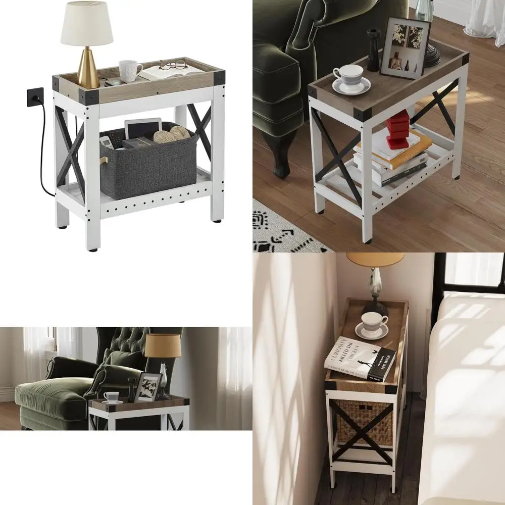 

Modern Farmhouse End Table with USB & Outlet, 21.7 x 10, Charging Station for Living Spaces