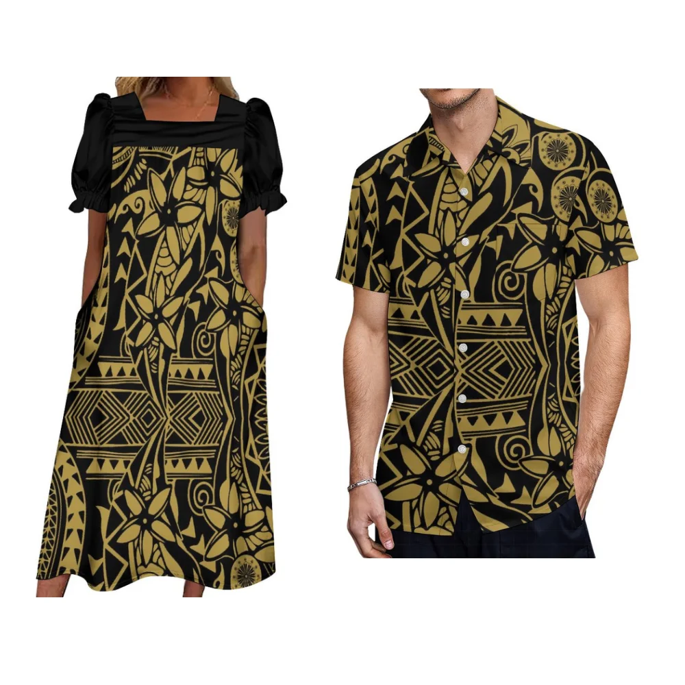 Polynesian Couple Set Set Women Mumu Dress Men'S Shirt Casual Set Puffed Sleeve Design Pocket Skirt Hawaiian Casual Pocket Shirt