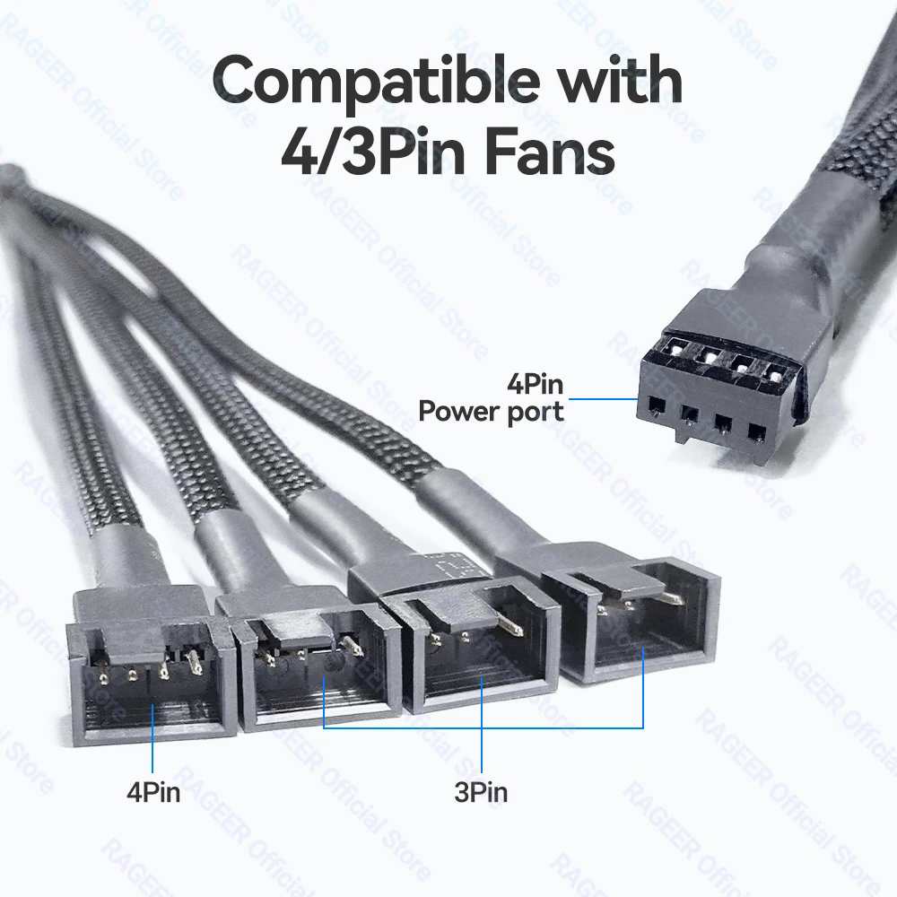 Cabo divisor de ventilador RAGEER 1 a 2/3/4 PWM - Conectores fêmea para macho trançados de nylon de 4 pinos para resfriamento de caixa de PC