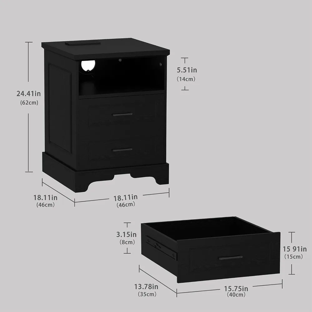 منضدة المزرعة مع قاعدة شحن، حامل ليلي عريض 18 بوصة مع أدراج وتخزين، طاولة جانبية مربعة بجانب السرير، fo #3