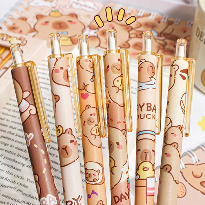 6Pcs Kawaii Cute Capybara Gel Pen Set Cartoon Quickly-Drying Pressing Neutral Pens Aesthetic Stationery School Office Supplies