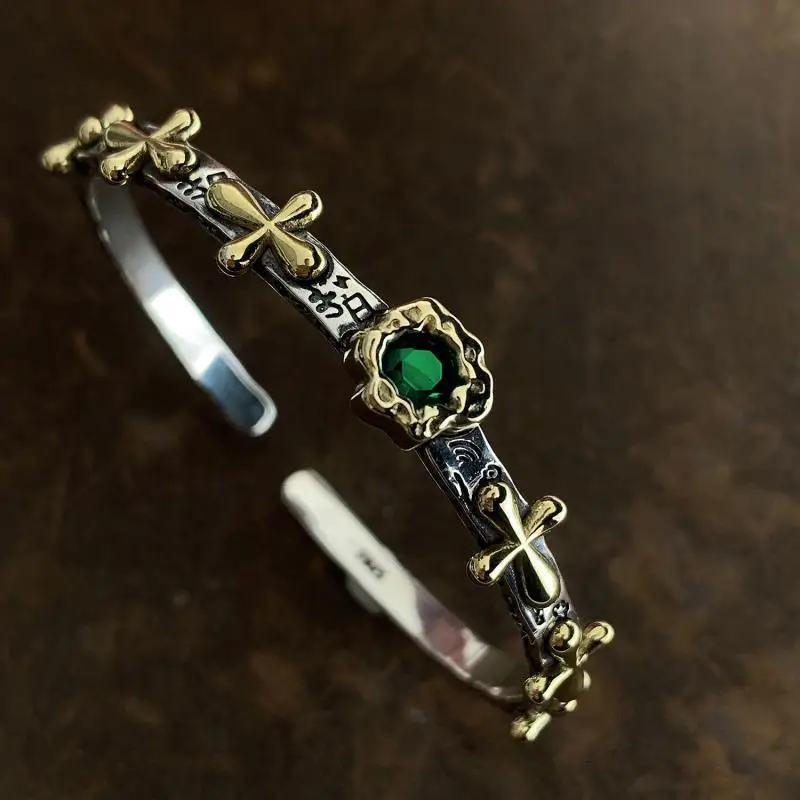 Silver-Plated Green Stone Cross Graffiti Totem Bracelet Men's Christian Amulet Cuff Bracelet Women's Fashion Trend Jewelry