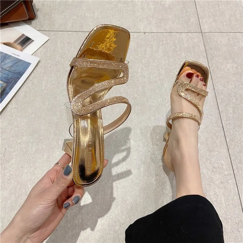 

2026 Summer New Diamond-shaped Midheel Design Fashion Flip-flops High Heels Slippers Thin Heels Wear Women's Flip-flops