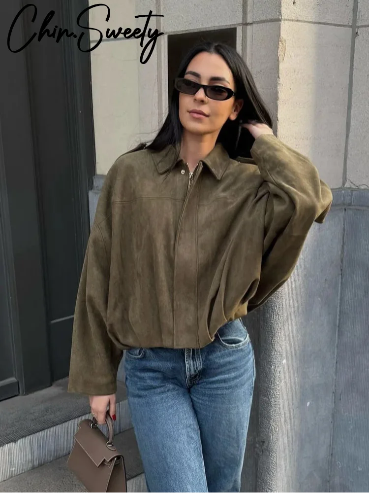 الرجعية سترات من جلد الغزال المرأة فضفاضة سستة التلبيب كم طويل جيب مطاطا هيم معطف قصير 2025 الخريف شيك شارع العليا أبلى سيدة