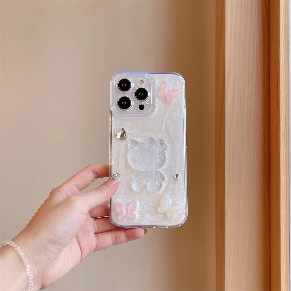 3D Cute Cartoon Anime Role Hello Kitty Phone Cases for IPhone 11 12 13 14 Pro Max Soft Epoxy Transparent Anti-fall Back Cover