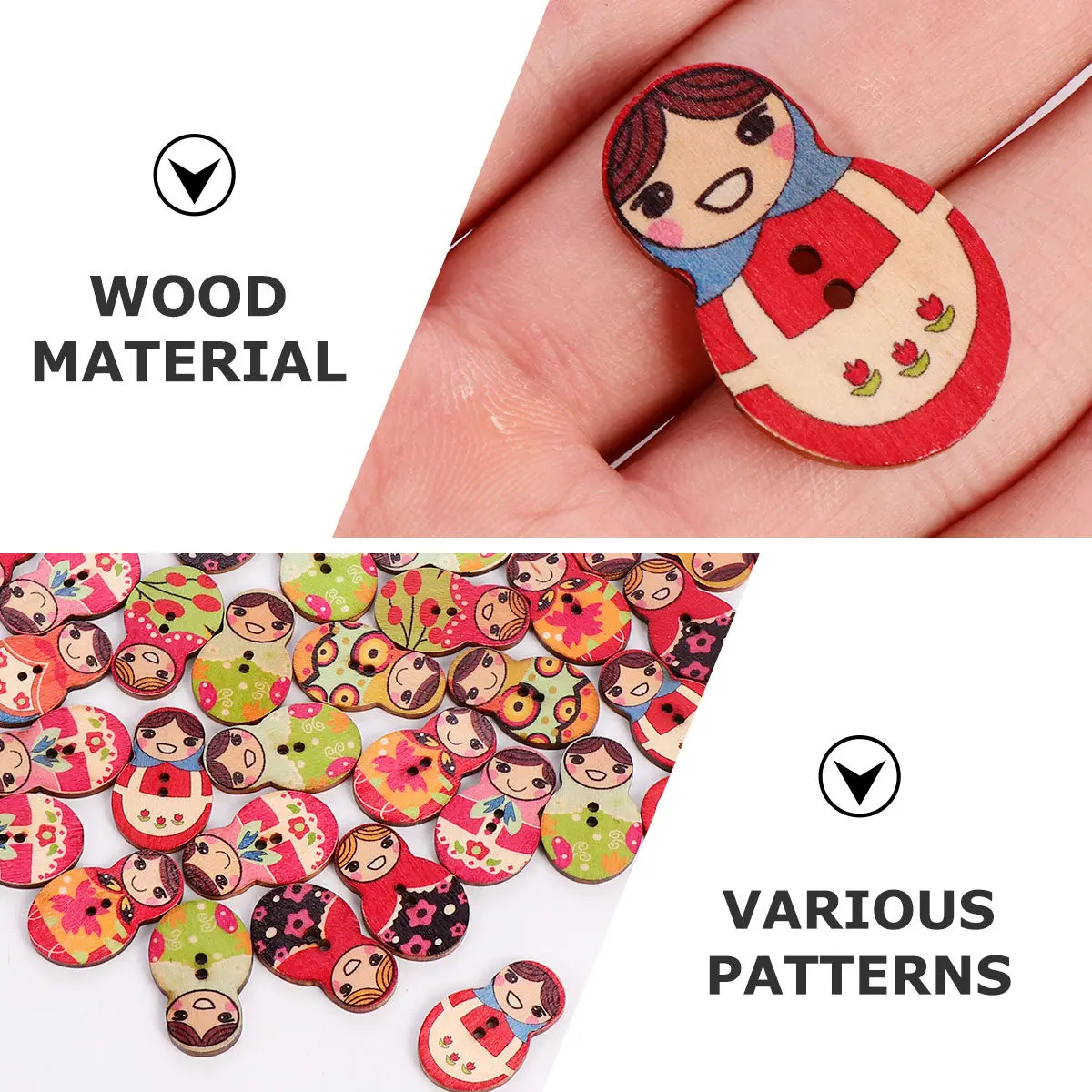 100pcs Painted Matryoshka Wooden Buttons Embellishments Retro Sewing Clothes Cartoon Fashion Accessories DIY Craft Supplies