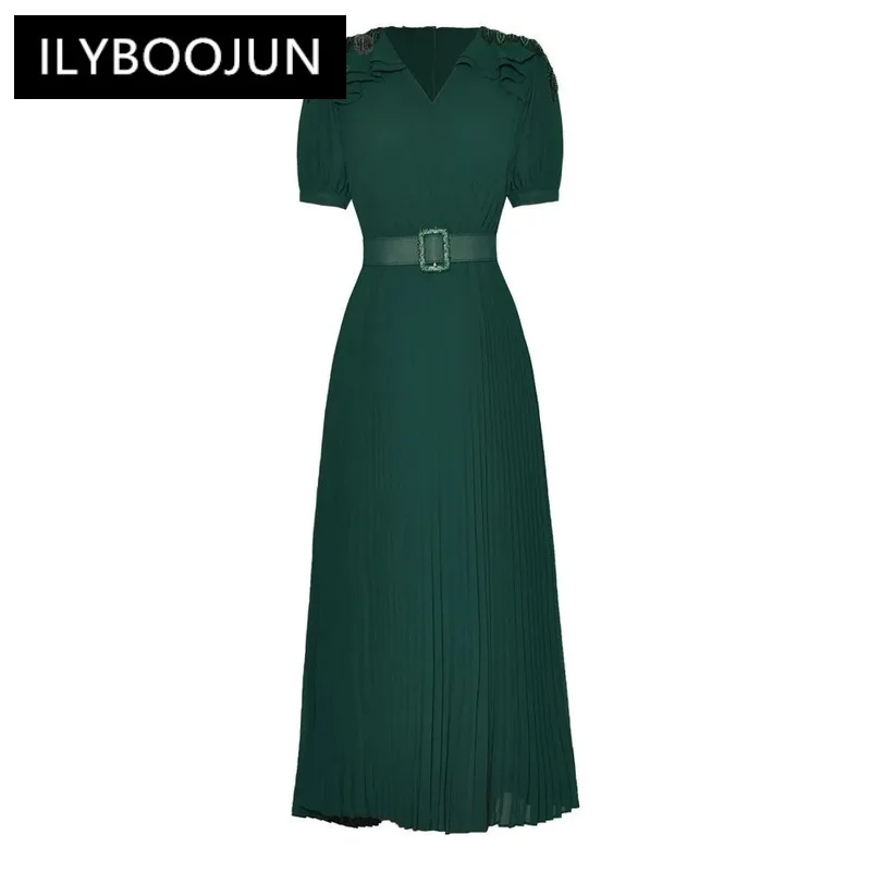 

ILYBOOJUN Summer Designer High Quality Women Dress Vintage Solid Color Beading Sashes Ruffles Pleated Temperament Dresses