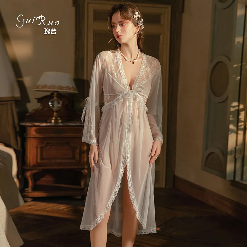

White Sheer Mesh Lace Robe Long Sleeves Kimono Women Bride Wedding Dressing Gown Sleepwear New Nightgown Lingerie