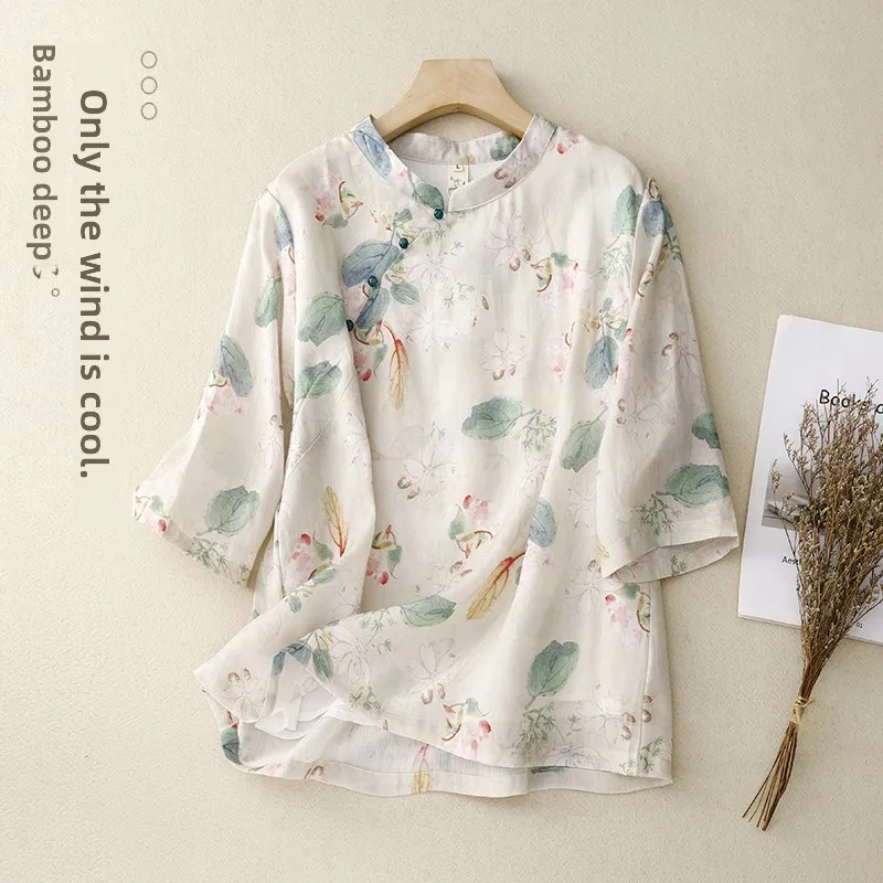 신상 중국 스타일 여성 봄 여름 플로럴 프린트 린넨 칼라 스탠드업 빈티지 티셔츠 스윗 슬레 루즈핏 파이브 스타일
