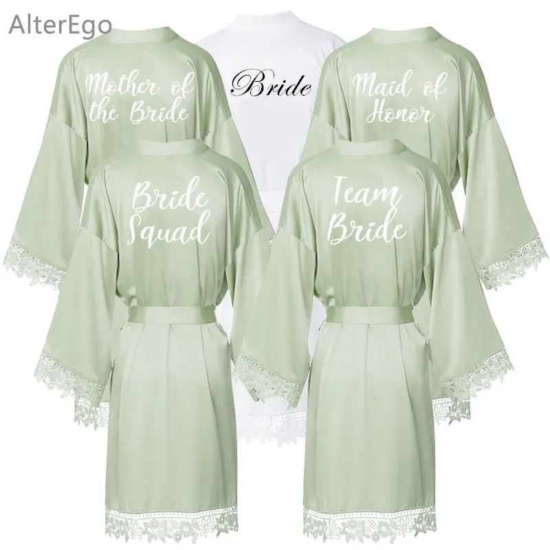 

Bathrobe Green with White Letter Robes Bridesmaid Short Silk Lace Flower Robes for Women Wedding Party Bridal Gift Getting Ready