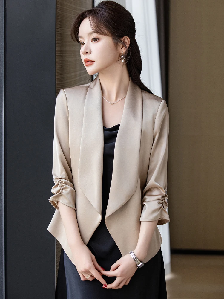 

Elegant Acetate Satin Jacket Women's Mid-Sleeve Slim Fit Casual Commute Workwear Fashionable Small Size Suit