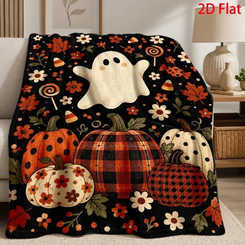 Black Halloween Ghost Witch Pumpkin Flannel Throw Blanket, Spider Web Bat Star Print Soft Warm Blanket for Sofa Bed Home Decor