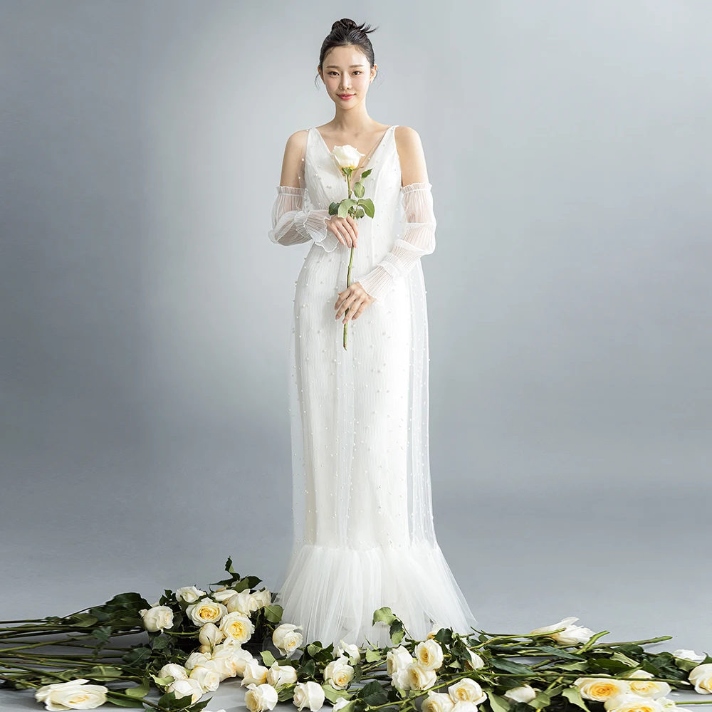 Fashion V Neck Sheath Wedding Dress With Detachable Long Sleeves Elegant Floor Length Bridal Gown With Pearls G4884