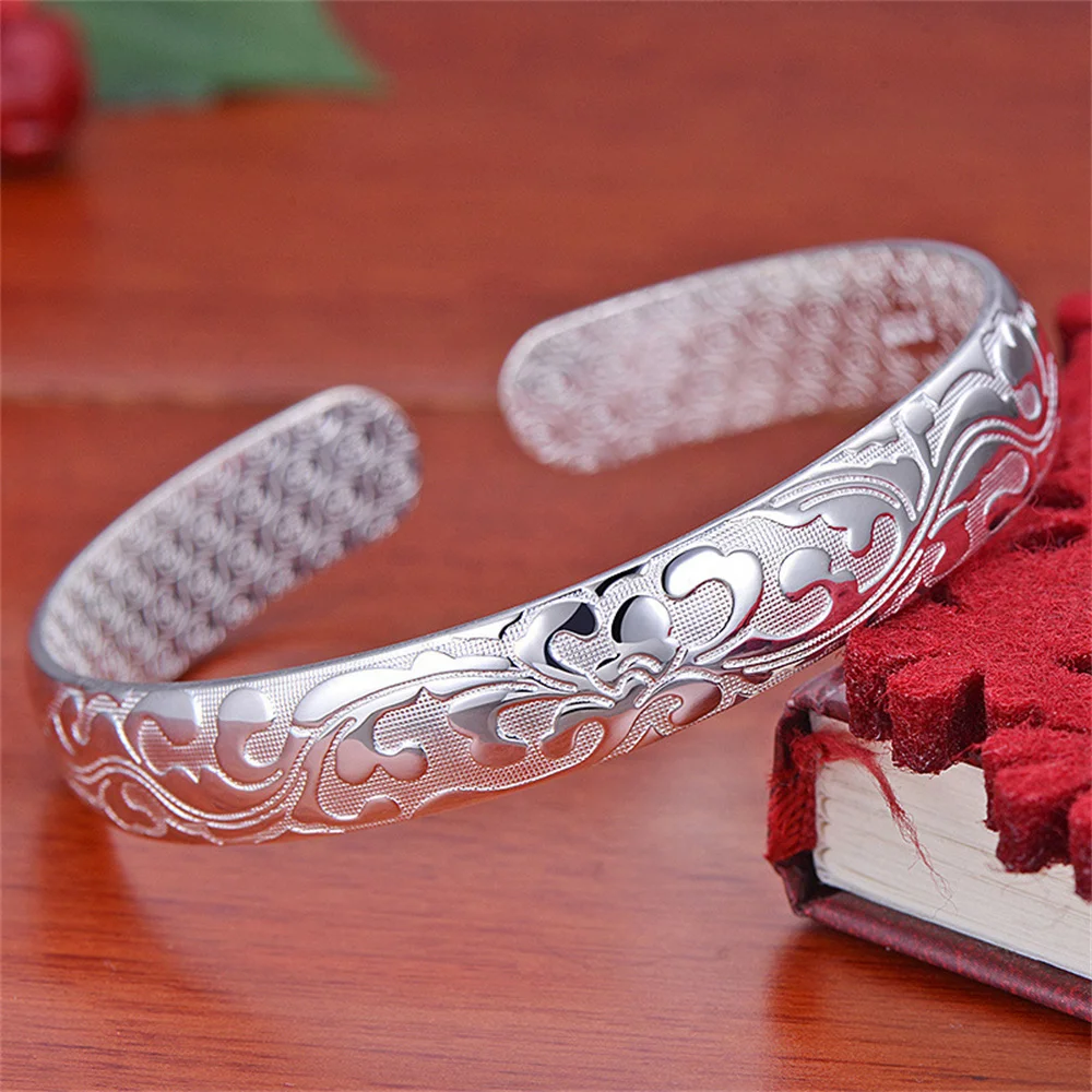 S999 Sterling Silver Vintage Open Cuff Bangle for Women Entwined Scroll Floral Relief Bracelet Traditional Elegant Jewelry Gift