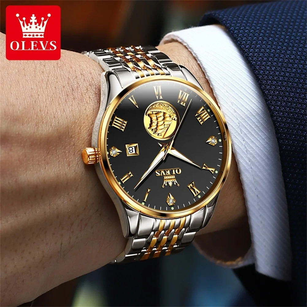 OLEVS-Reloj de pulsera para hombre, accesorio masculino de acero inoxidable, luminoso, resistente al agua, con fecha Original, automático, 6696