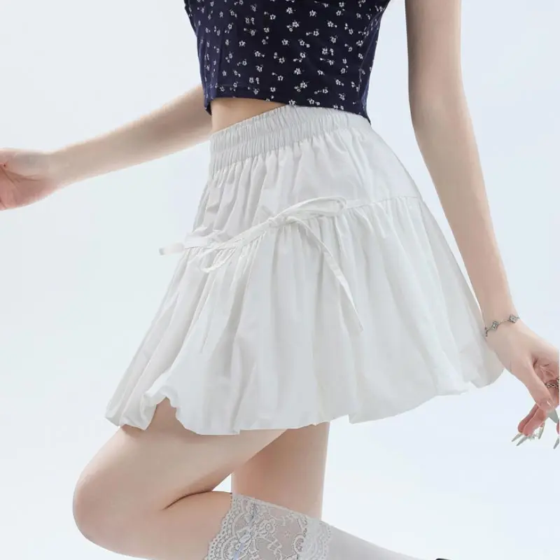 Elastic Waist A-line Lantern Skirt for Women 2024 Summer Cute Bow Bandage Shorts Skirt Casual Fashion Y2k Clothing Plus Size