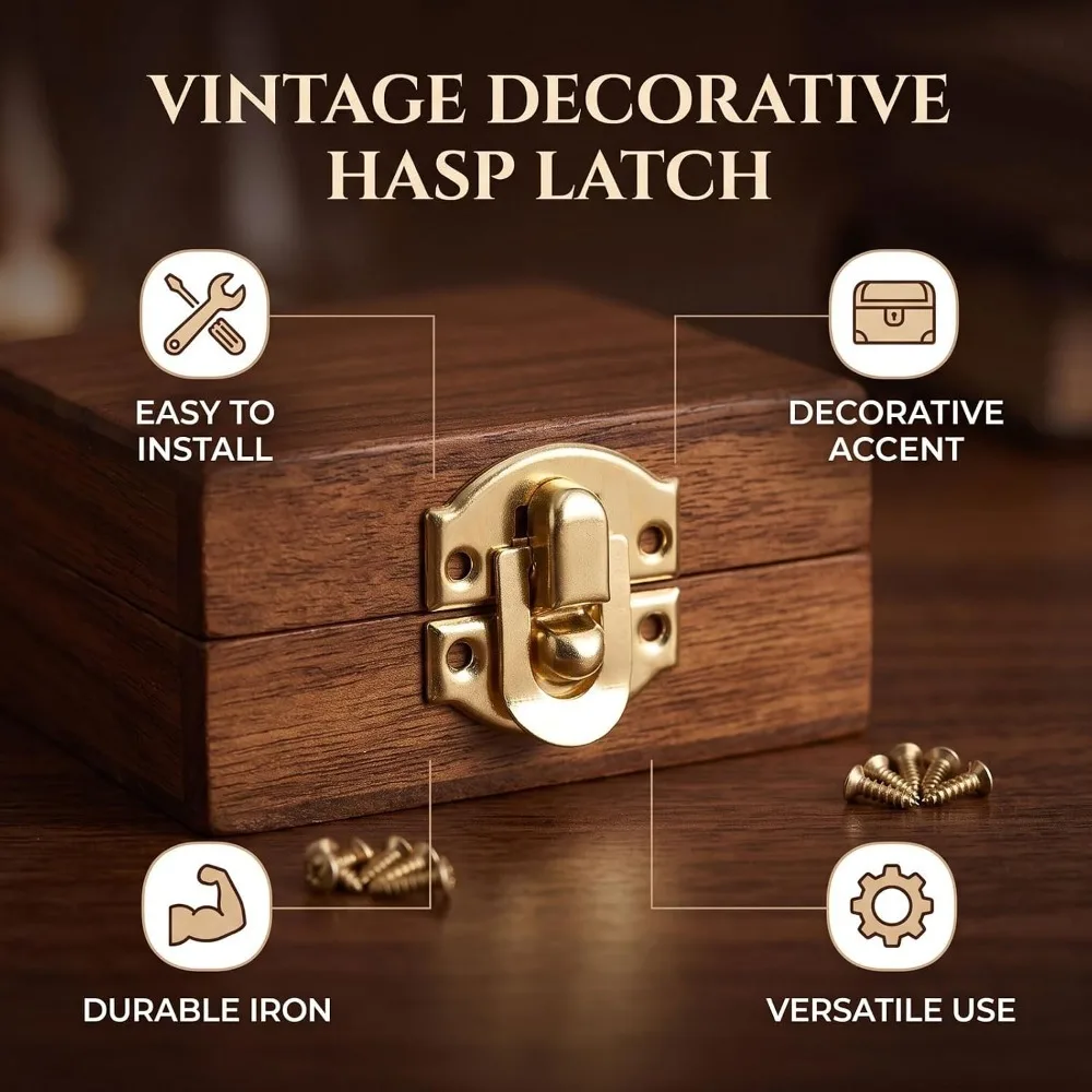 Iron Material Decorative Hasp Latch Gold Color Yellow Finish Jewelry Box Lock Buckle 20mm Size Screws Included Small Latch Clasp