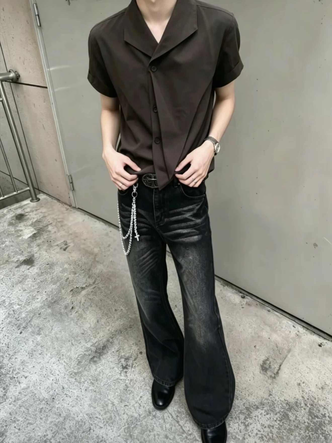 Retro American Charcoal Grey Brown Deconstructed Pleated Page Flying Sleeve Short Sleeve Shirt Men's Summer Design Sense Shirt
