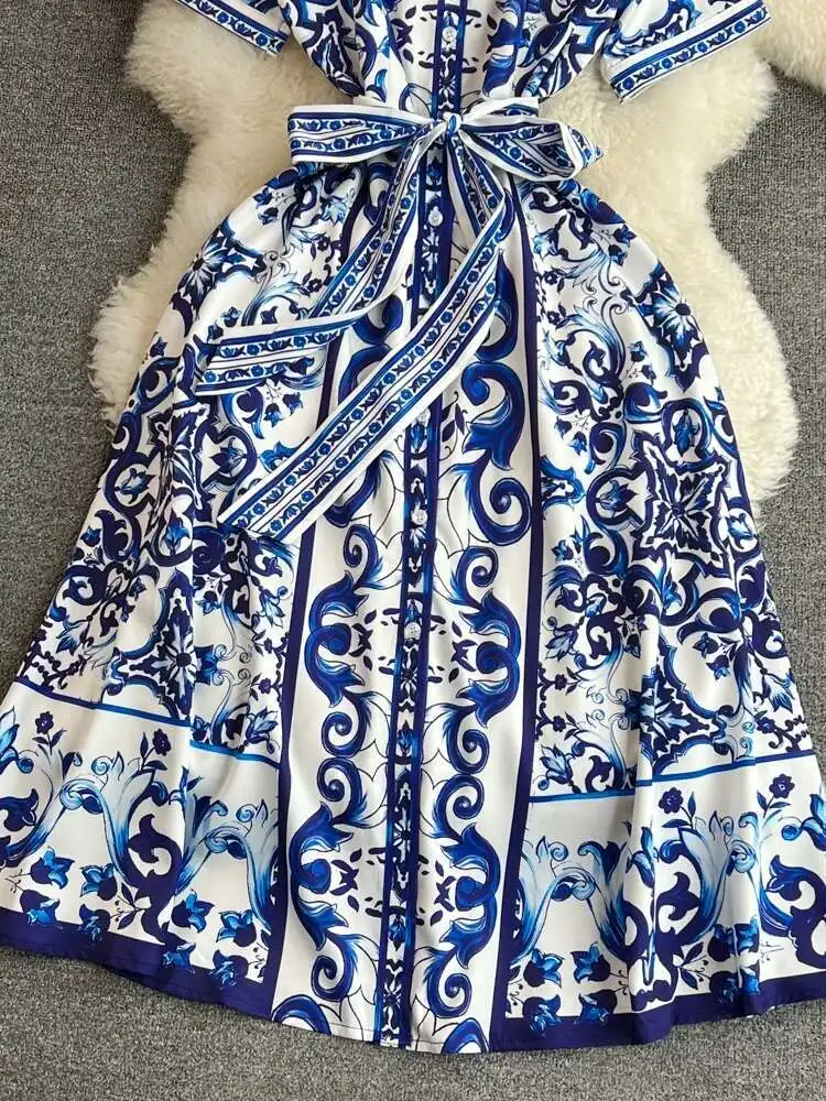 Robe mi-longue à fleurs pour femmes, robe à simple boutonnage, manches courtes, bleu, blanc, imprimé porcelaine, robe éducative, vacances d'été, nouveau
