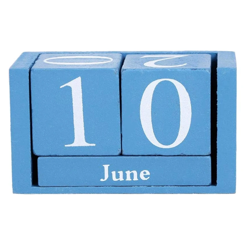 Vintage Wood Perpetual Calendar Shabby Chic Blocks Desktop Calendar Rustic Wooden Squares Calendar Home Office Blue