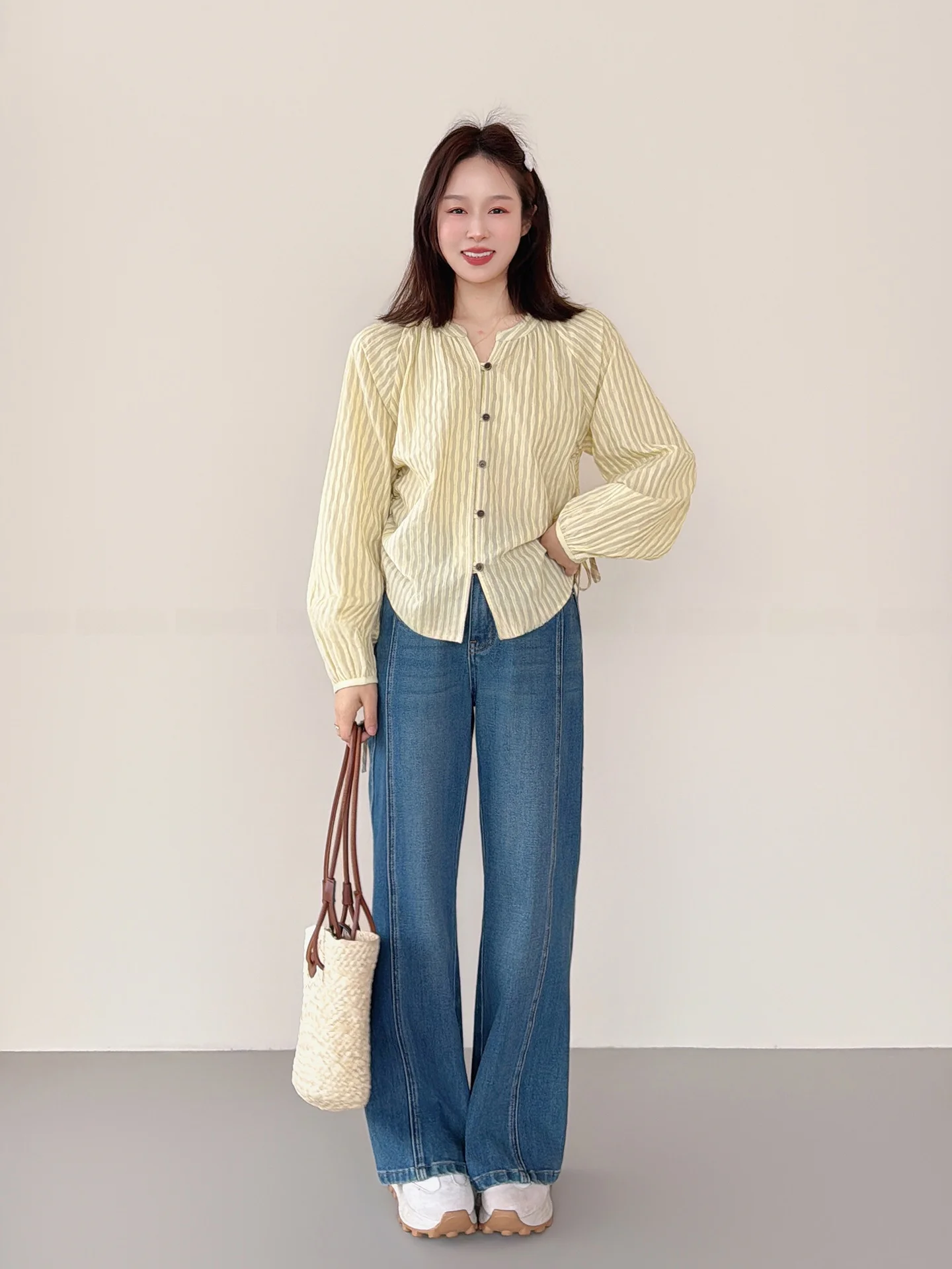 

Spring Fashion Loose Women's Striped Long Sleeve Shirt Drawstring Korean Style Cotton Polyester Blend Breathable Casual Blouse