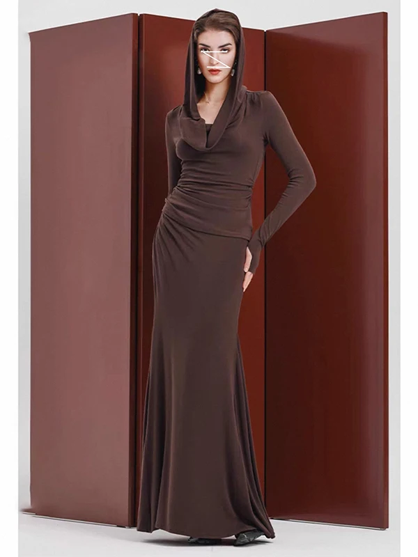 

Sahara Wind Waist Cinched Multiwear Hooded Long Sve irt High Waist Slim Fi Tail f Skirt Long Set Spring Faion