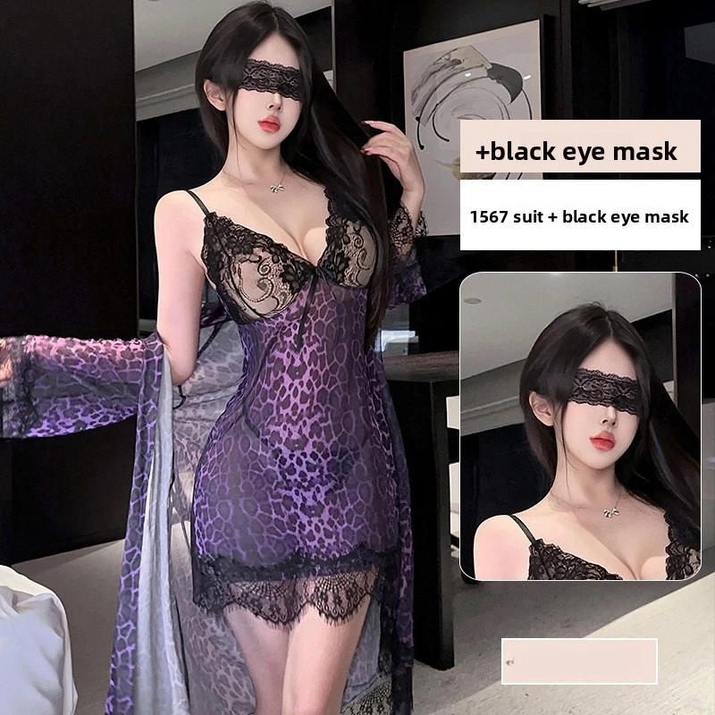 NEW 4 PCS Sexy Leopard Print Lace Eye Mask Halter Nightgown Sheer Purple Mesh See-through Home Wear Women's Nightgown Set Dress