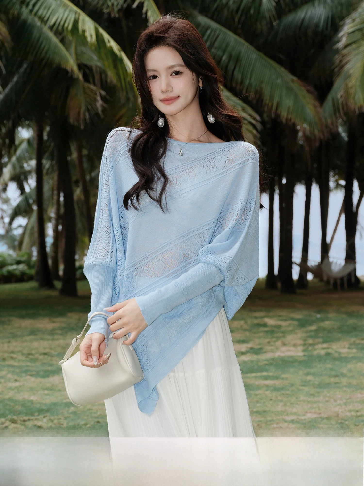 

Geometric Knitted Top Hollow out One Shoulder Asymmetrical Hem Loose Fit Long Sleeve Breathable Daily Wear for Women